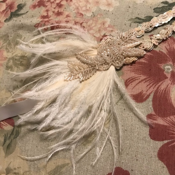 Ostrich Feather and Vintage Trim Headband - Picture 2 of 4